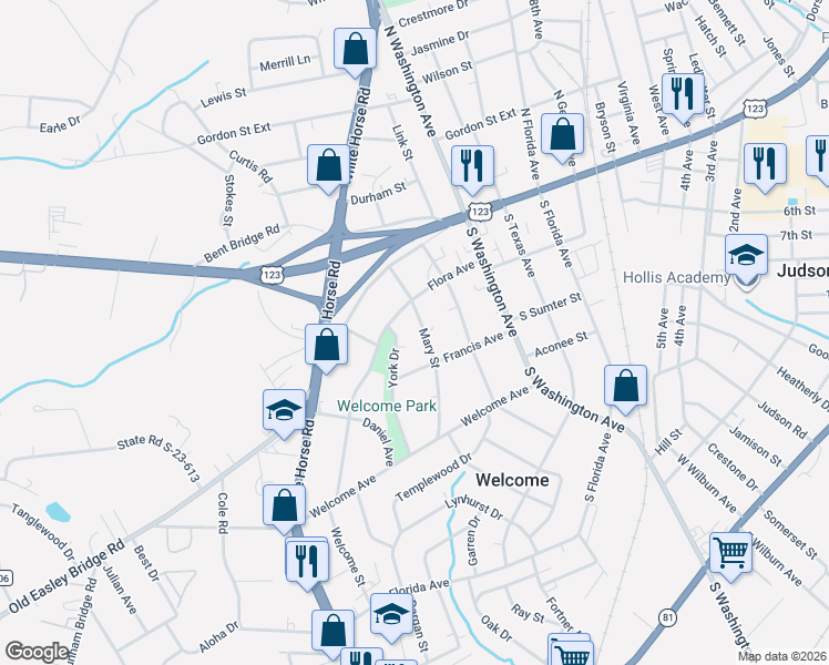 map of restaurants, bars, coffee shops, grocery stores, and more near 106 Mary Street in Greenville