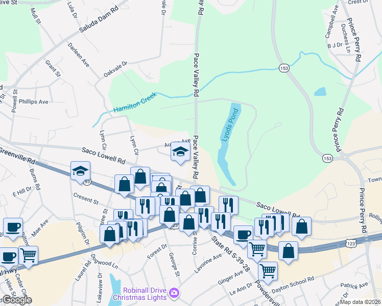 map of restaurants, bars, coffee shops, grocery stores, and more near 300 Austin Avenue in Easley
