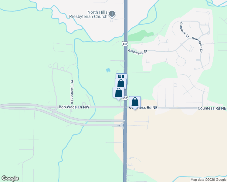 map of restaurants, bars, coffee shops, grocery stores, and more near 135 Bob Wade Lane Northwest in Huntsville