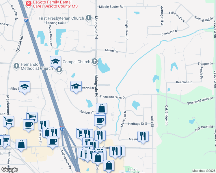map of restaurants, bars, coffee shops, grocery stores, and more near 1990 McIngvale Road in Hernando