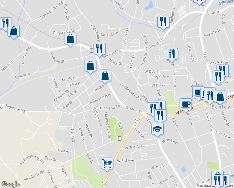 map of restaurants, bars, coffee shops, grocery stores, and more near 610 West Main Street in Easley