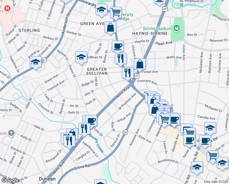 map of restaurants, bars, coffee shops, grocery stores, and more near 106 Elm Street in Greenville