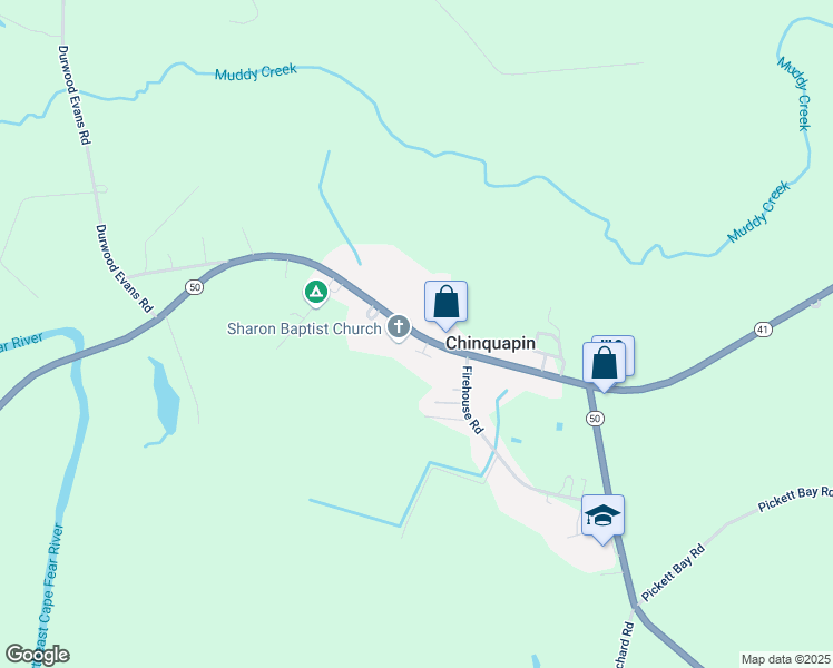 map of restaurants, bars, coffee shops, grocery stores, and more near North Carolina 50 in Chinquapin