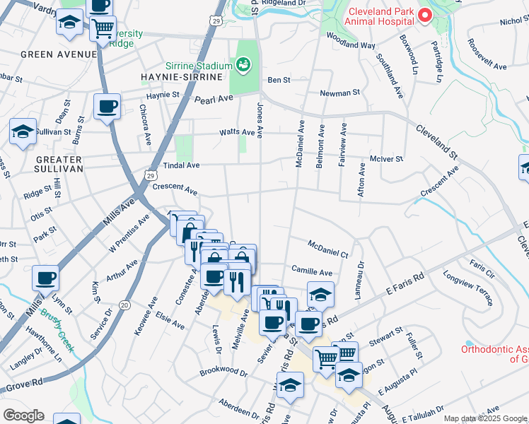 map of restaurants, bars, coffee shops, grocery stores, and more near 309 Jones Avenue in Greenville
