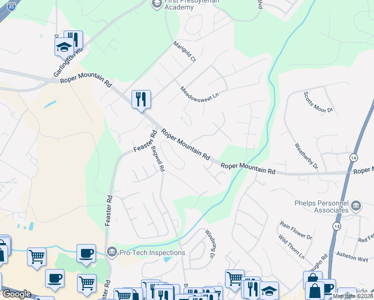 map of restaurants, bars, coffee shops, grocery stores, and more near 5415 Roper Mountain Road in Greenville