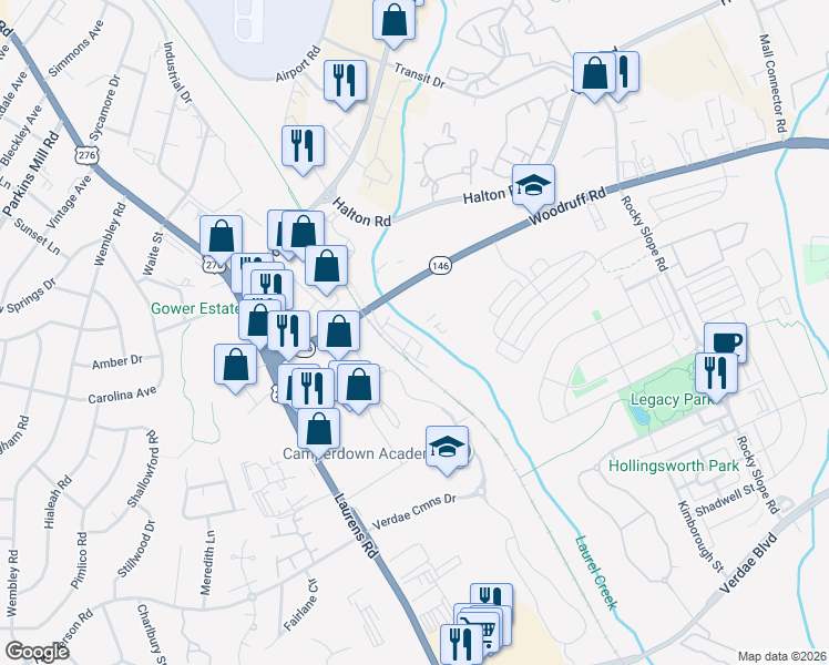 map of restaurants, bars, coffee shops, grocery stores, and more near 5 Glen Alpine Way in Greenville