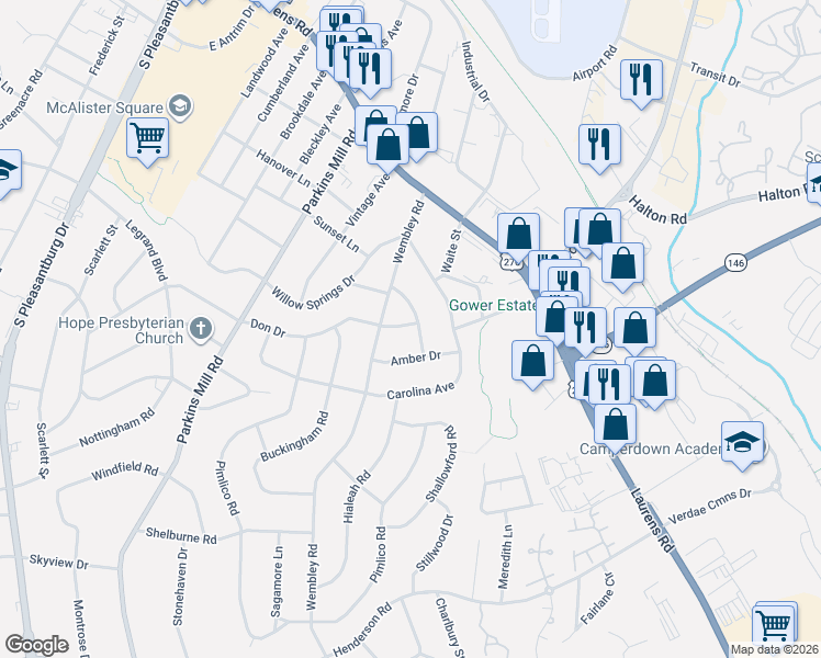 map of restaurants, bars, coffee shops, grocery stores, and more near 20 Claremore Avenue in Greenville
