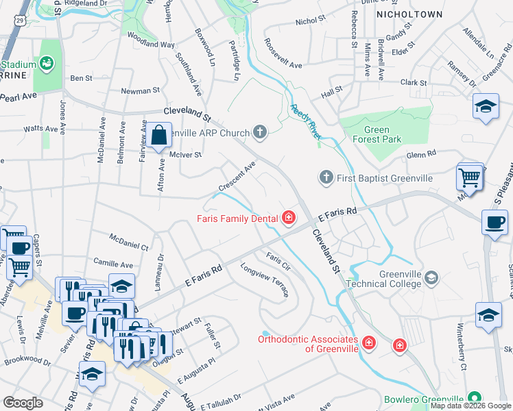 map of restaurants, bars, coffee shops, grocery stores, and more near 325 Pine Forest Drive Extension in Greenville