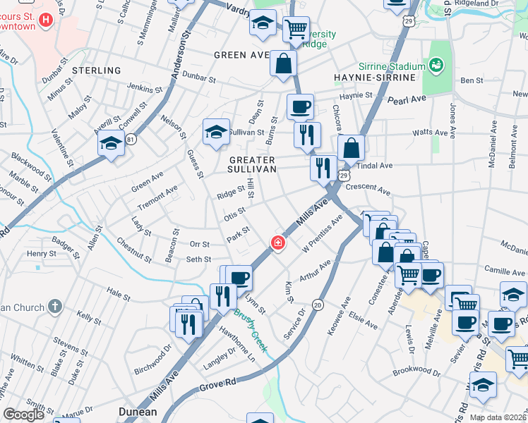 map of restaurants, bars, coffee shops, grocery stores, and more near 201 Otis Street in Greenville