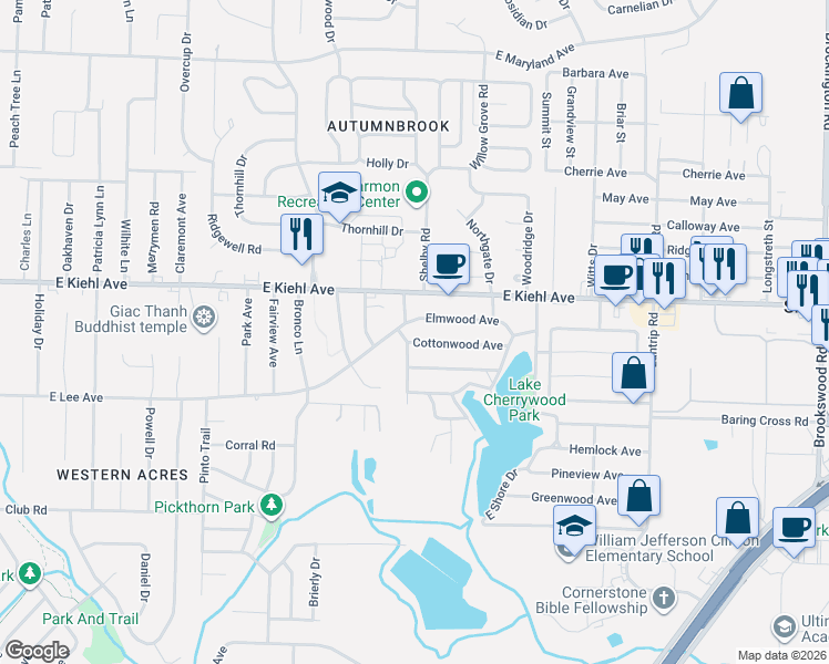 map of restaurants, bars, coffee shops, grocery stores, and more near 2300 East Lee Avenue in Sherwood