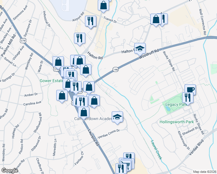map of restaurants, bars, coffee shops, grocery stores, and more near 5 Glen Alpine Way in Greenville