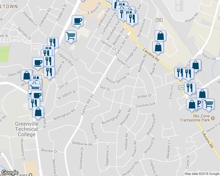 map of restaurants, bars, coffee shops, grocery stores, and more near 403 Don Drive in Greenville