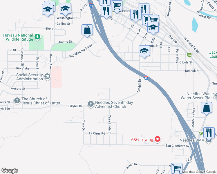 map of restaurants, bars, coffee shops, grocery stores, and more near 1318 Redwood Avenue in Needles