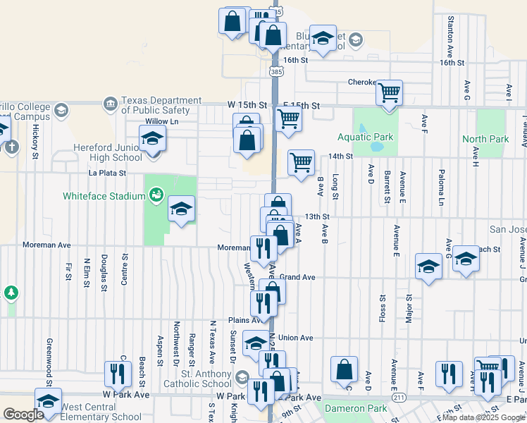 map of restaurants, bars, coffee shops, grocery stores, and more near 426 Western Avenue in Hereford