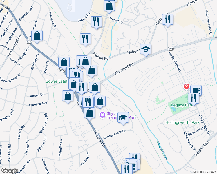 map of restaurants, bars, coffee shops, grocery stores, and more near 200 Woodruff Road in Greenville