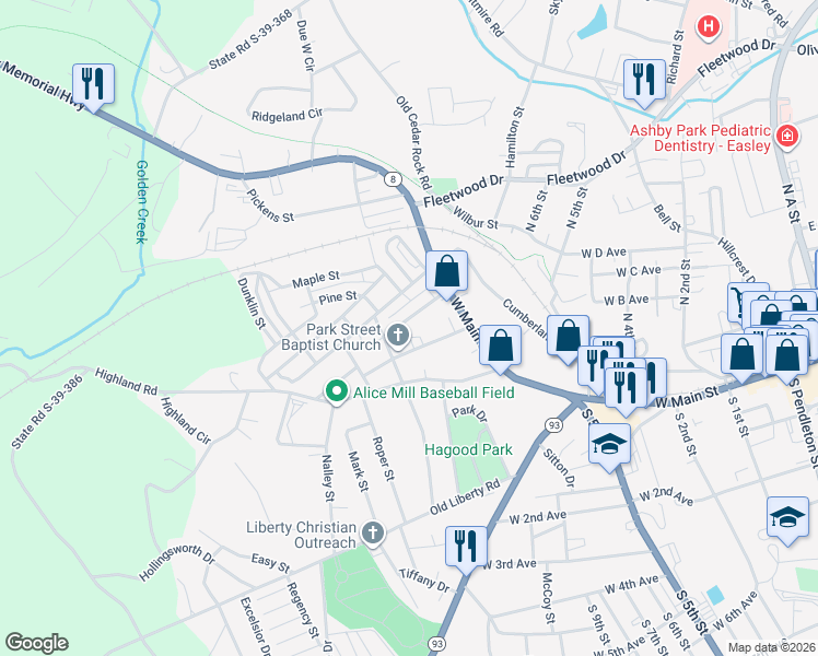 map of restaurants, bars, coffee shops, grocery stores, and more near 111 Park Street in Easley