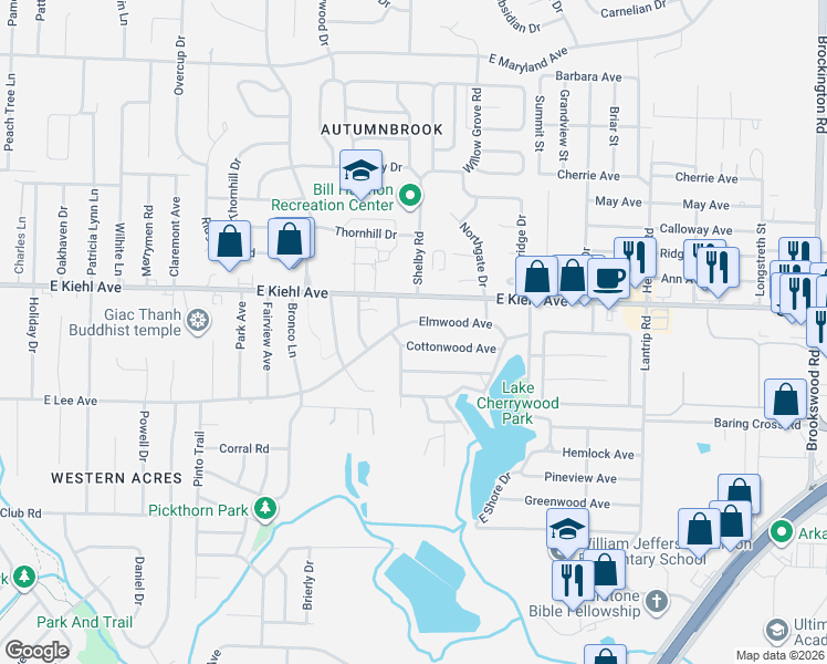 map of restaurants, bars, coffee shops, grocery stores, and more near 2300 East Lee Avenue in Sherwood