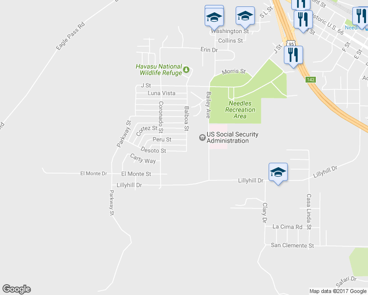 map of restaurants, bars, coffee shops, grocery stores, and more near 1900 Desoto Street in Needles