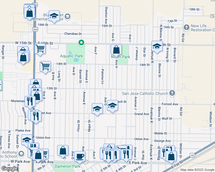 map of restaurants, bars, coffee shops, grocery stores, and more near 403 Avenue G in Hereford