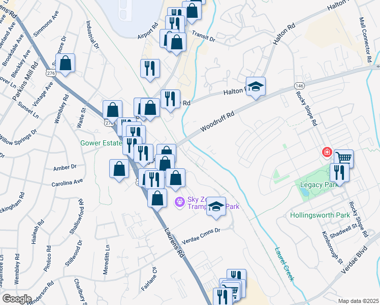 map of restaurants, bars, coffee shops, grocery stores, and more near 200 Woodruff Road in Greenville