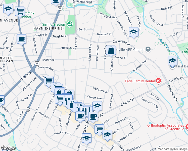map of restaurants, bars, coffee shops, grocery stores, and more near 11 Lanneau Drive in Greenville