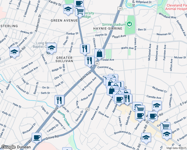 map of restaurants, bars, coffee shops, grocery stores, and more near 1208 Augusta Street in Greenville