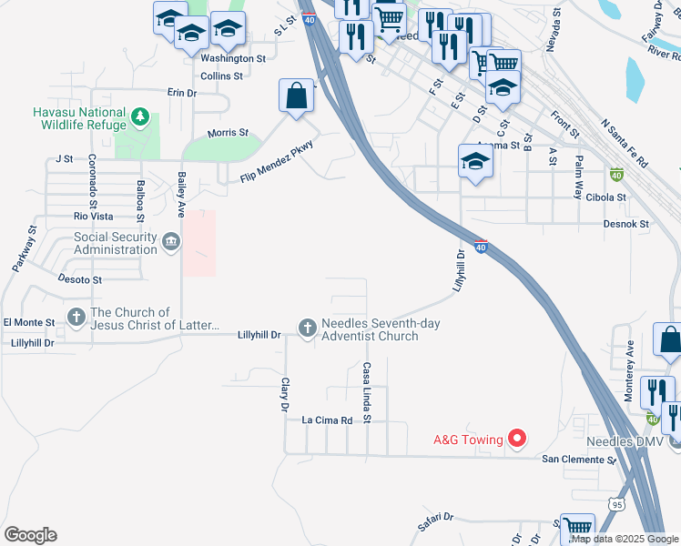 map of restaurants, bars, coffee shops, grocery stores, and more near 1348 Redwood Avenue in Needles