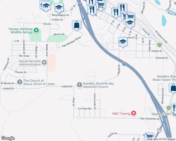 map of restaurants, bars, coffee shops, grocery stores, and more near 1348 Redwood Avenue in Needles