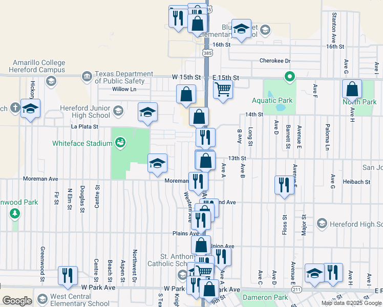 map of restaurants, bars, coffee shops, grocery stores, and more near 426 Western Avenue in Hereford