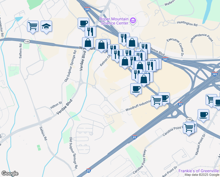 map of restaurants, bars, coffee shops, grocery stores, and more near 99 Green Heron Road in Greenville
