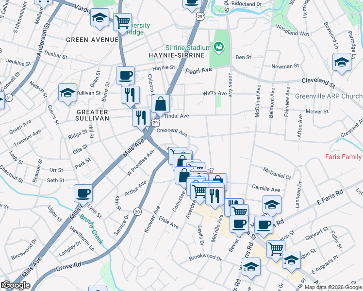 map of restaurants, bars, coffee shops, grocery stores, and more near 111 East Prentiss Avenue in Greenville