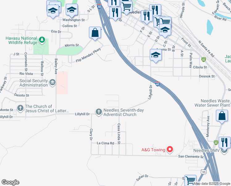 map of restaurants, bars, coffee shops, grocery stores, and more near 1318 Redwood Avenue in Needles