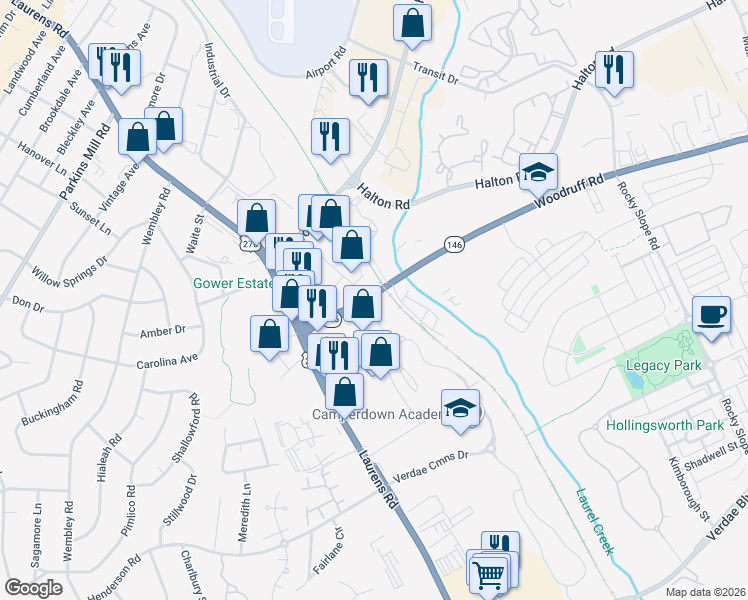 map of restaurants, bars, coffee shops, grocery stores, and more near 180 Woodruff Road in Greenville