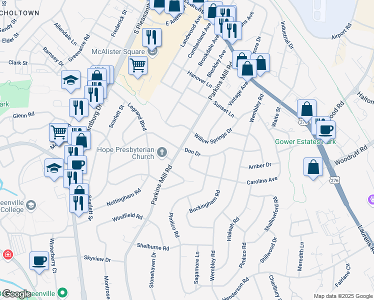 map of restaurants, bars, coffee shops, grocery stores, and more near 300 Don Drive in Greenville