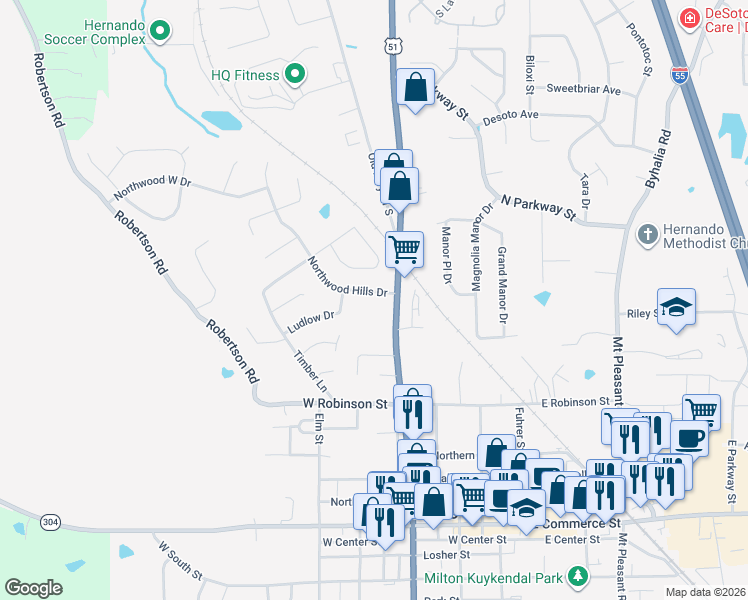 map of restaurants, bars, coffee shops, grocery stores, and more near 285 Northwood Hills Drive in Hernando