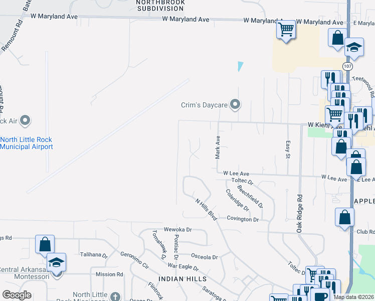 map of restaurants, bars, coffee shops, grocery stores, and more near 203 Birnham Cove in North Little Rock