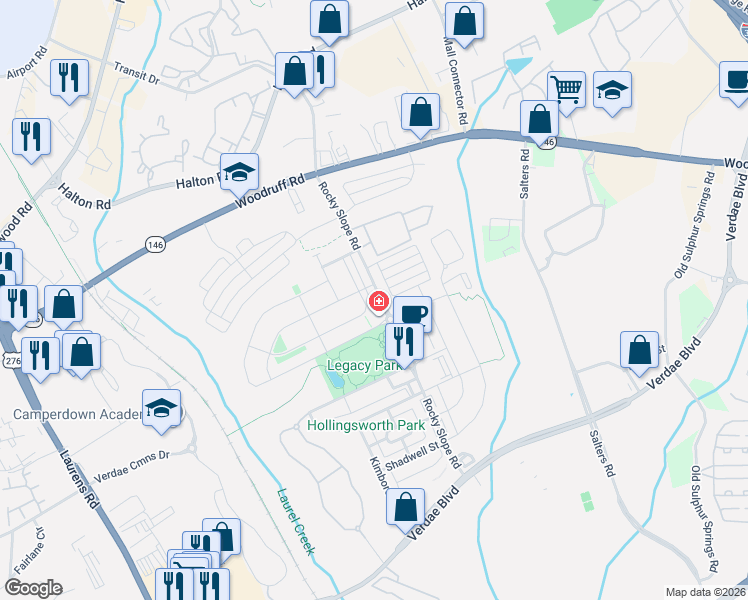 map of restaurants, bars, coffee shops, grocery stores, and more near 114 Danvers Road in Greenville