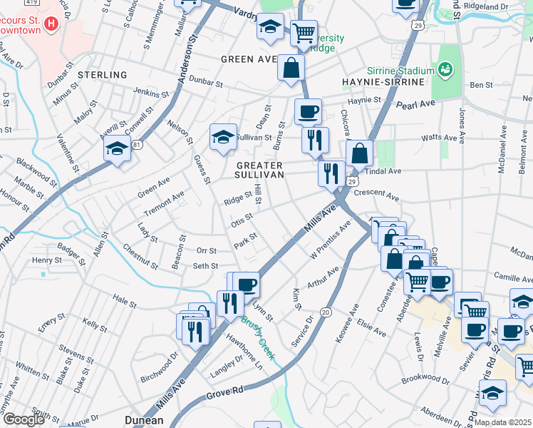 map of restaurants, bars, coffee shops, grocery stores, and more near 201 Otis Street in Greenville