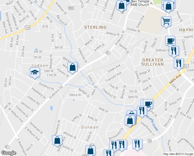 map of restaurants, bars, coffee shops, grocery stores, and more near 1011 Green Avenue in Greenville