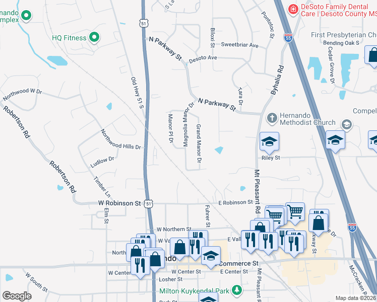 map of restaurants, bars, coffee shops, grocery stores, and more near 1966 Magnolia Manor Drive in Hernando