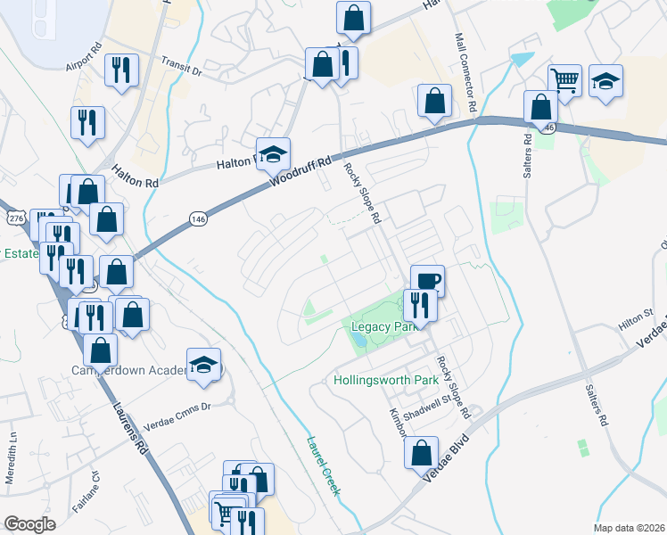 map of restaurants, bars, coffee shops, grocery stores, and more near 400 Algonquin Trail in Greenville