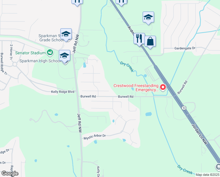 map of restaurants, bars, coffee shops, grocery stores, and more near 301 Early Harvest Court in Harvest