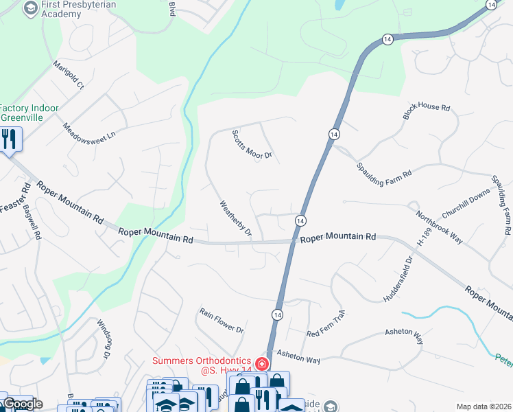 map of restaurants, bars, coffee shops, grocery stores, and more near 102 Meeting Place in Greenville