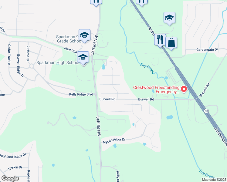 map of restaurants, bars, coffee shops, grocery stores, and more near 313 Early Harvest Court in Harvest