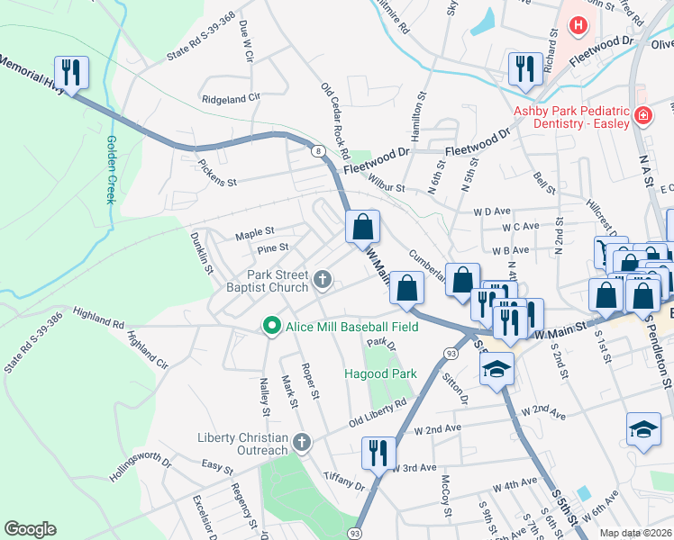 map of restaurants, bars, coffee shops, grocery stores, and more near 111 Park Street in Easley