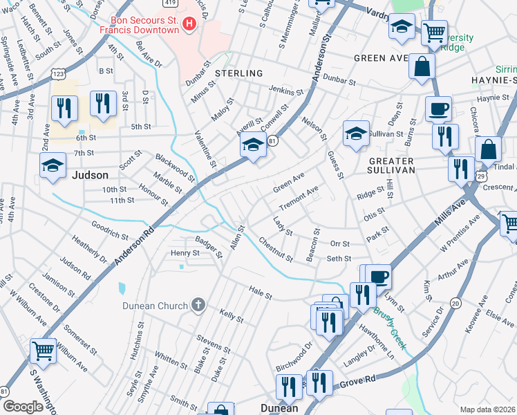 map of restaurants, bars, coffee shops, grocery stores, and more near 1011 Green Avenue in Greenville