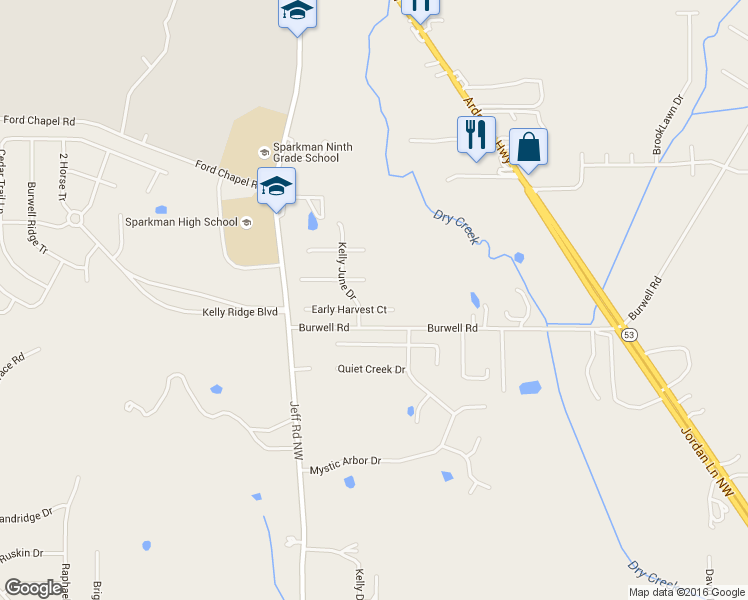 map of restaurants, bars, coffee shops, grocery stores, and more near 307 Early Harvest Court in Harvest