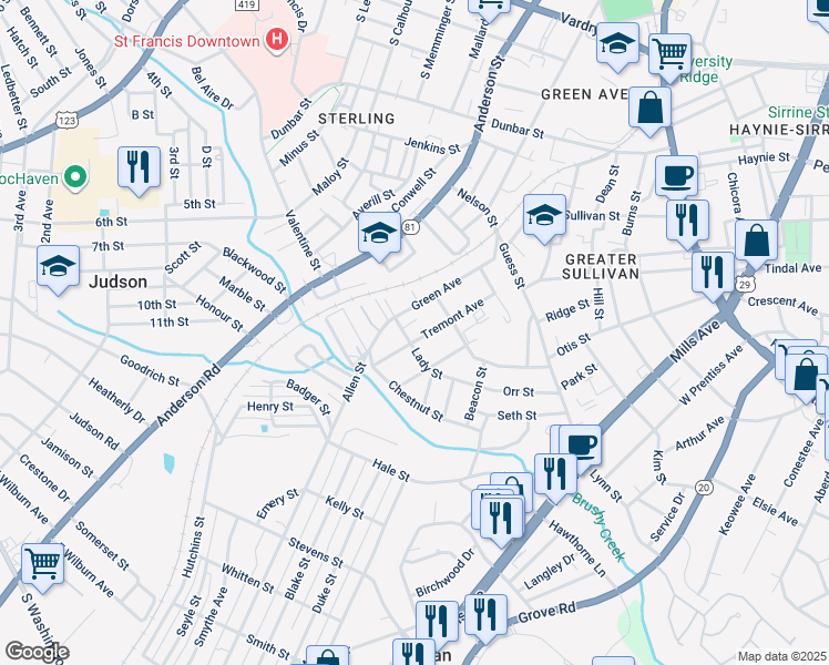 map of restaurants, bars, coffee shops, grocery stores, and more near 218 Tremont Avenue in Greenville