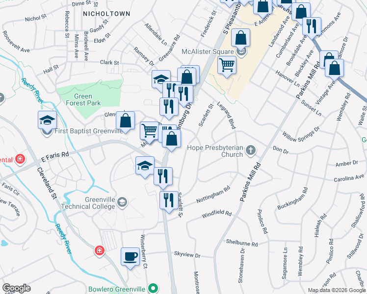 map of restaurants, bars, coffee shops, grocery stores, and more near 112 Scarlett Street in Greenville