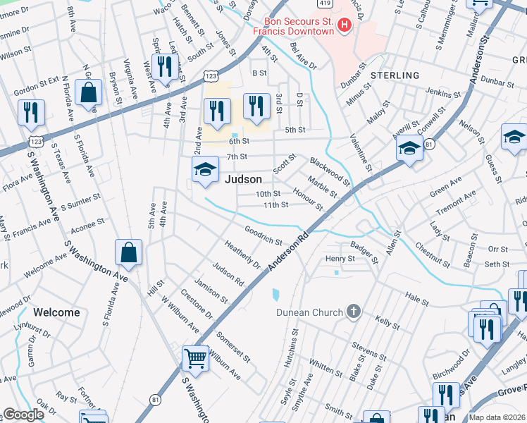 map of restaurants, bars, coffee shops, grocery stores, and more near 12 11th Street in Greenville